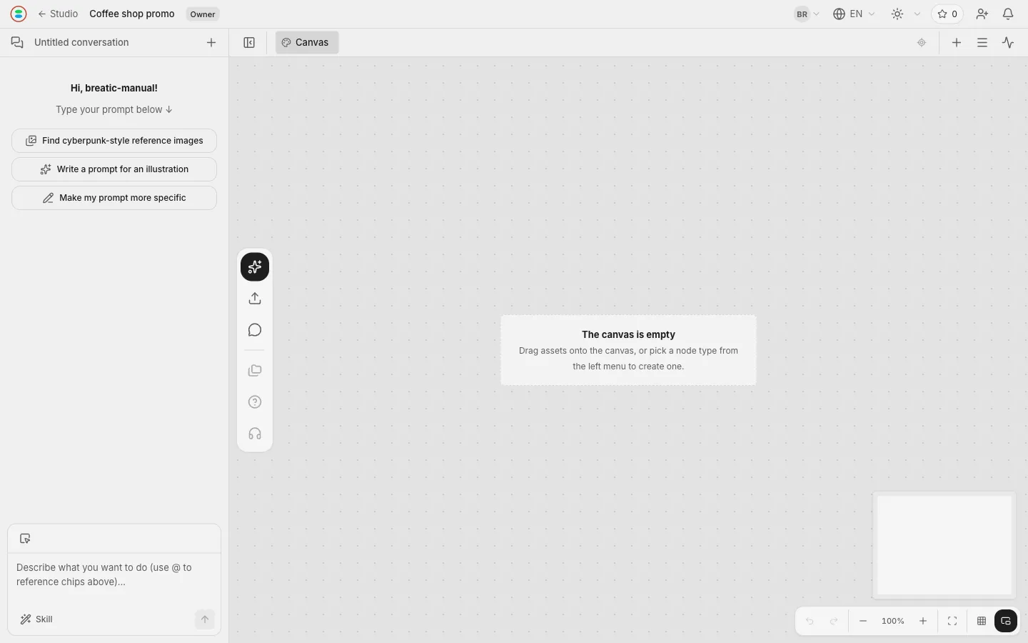 A freshly created empty canvas with its placeholder text