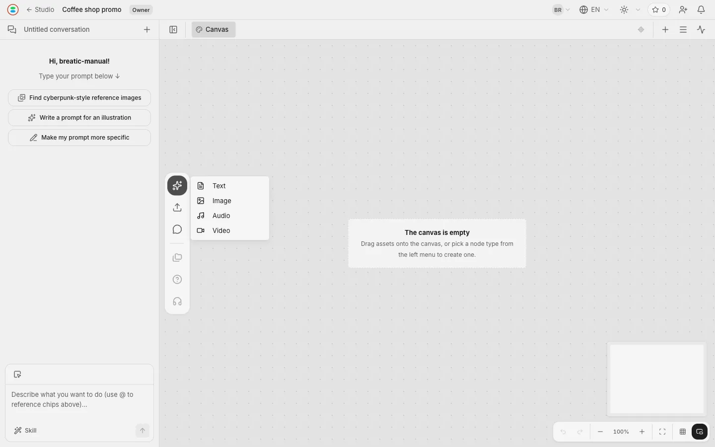 The node library open, showing text, image, audio and video