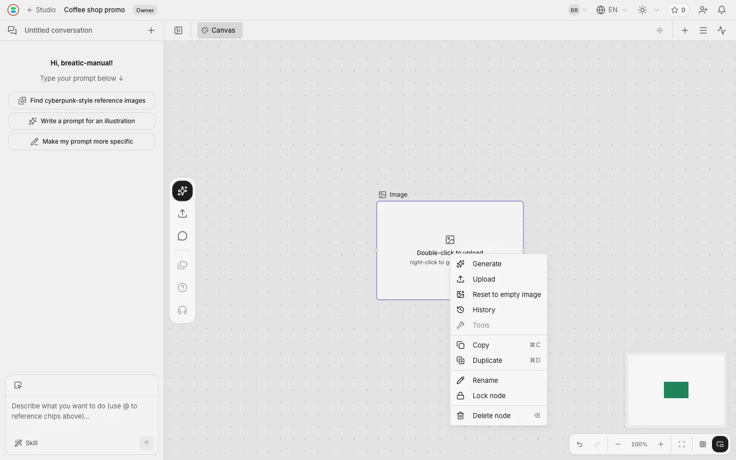 The node's context menu with Generate at the top