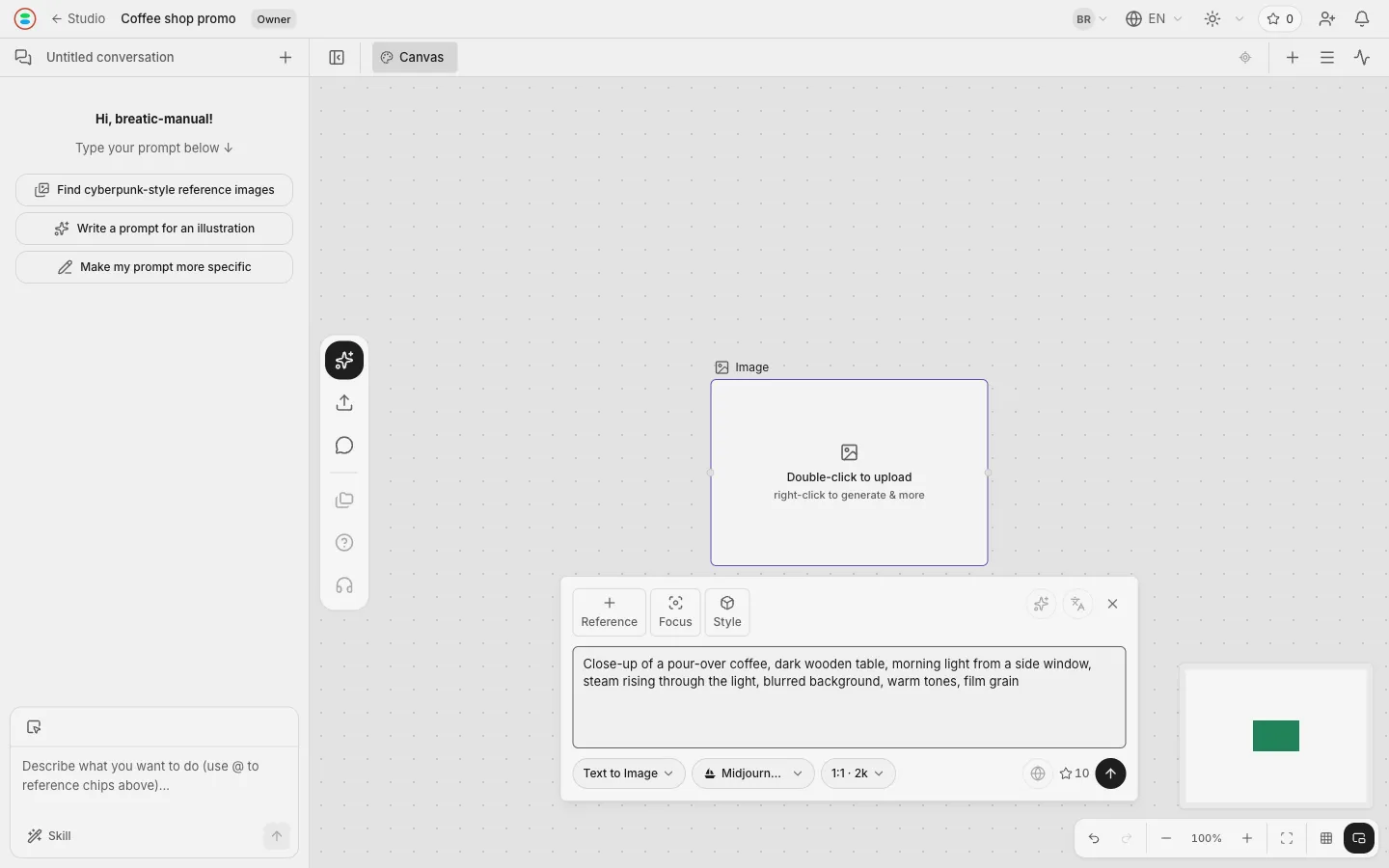 The generate panel with the first prompt typed in